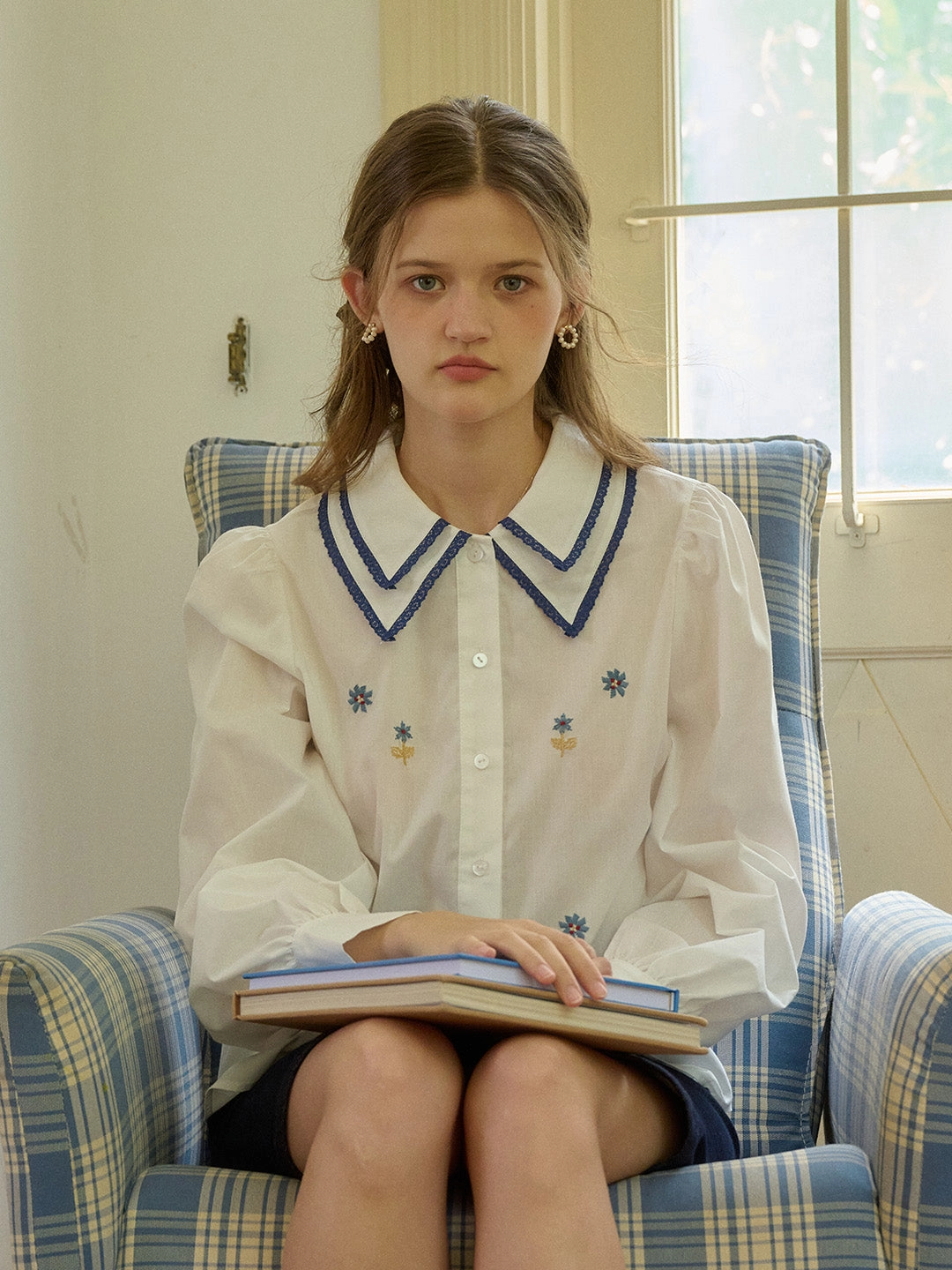 CrossBackStructure ??Final Sale??Paloma Embroidered Double-Collar Color-Block Shirt