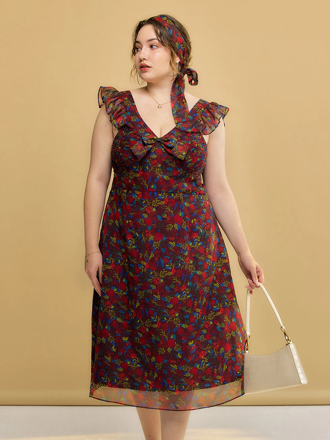 EasyCareMaterial ??Final Sale??Plus Size Kora Floral Printed Lace Sleeves Midi Dress