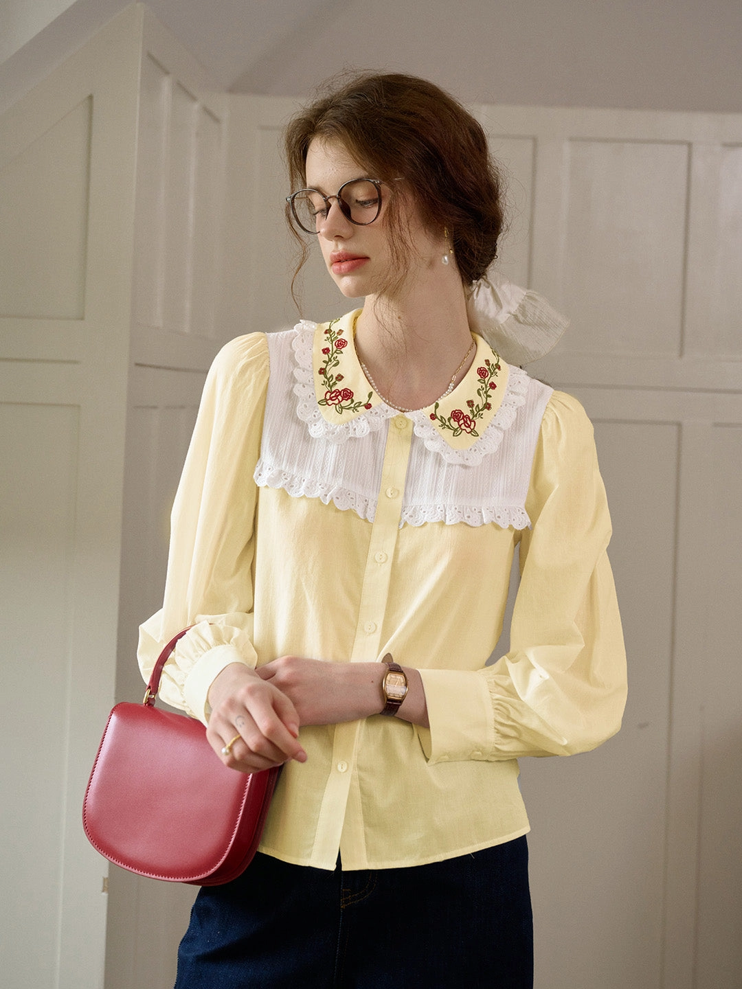 ??Final Sale??Priyanka Lace Collar Floral  Long sleeve Cotton Bouse Cool Nylon Casual Shirt