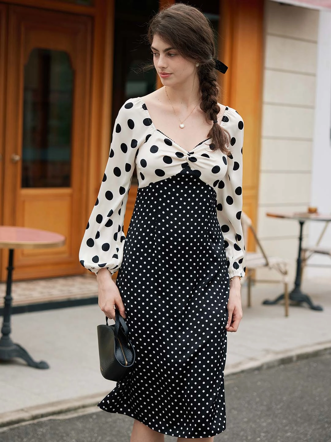 ??Final Sale??Saanvi Elegant Square Neck Polka Dot Stitching Balloon Sleeve Dress NonRestrictive Movement