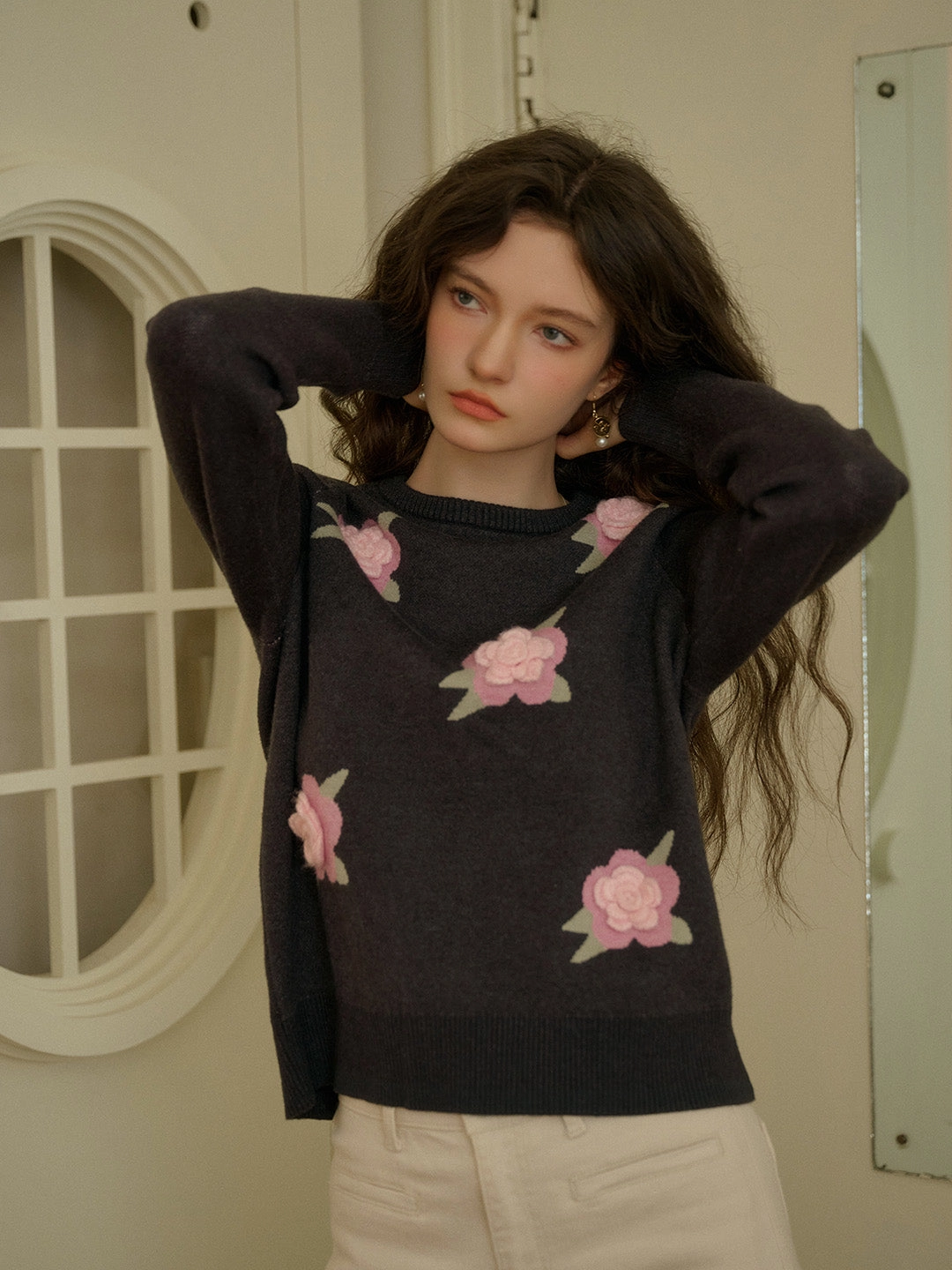??Final Sale??Sarahi Embroidery Round Neck Hollow 3D Flower Knitted Wool Sweater Layering Piece SheerLayeredPanels
