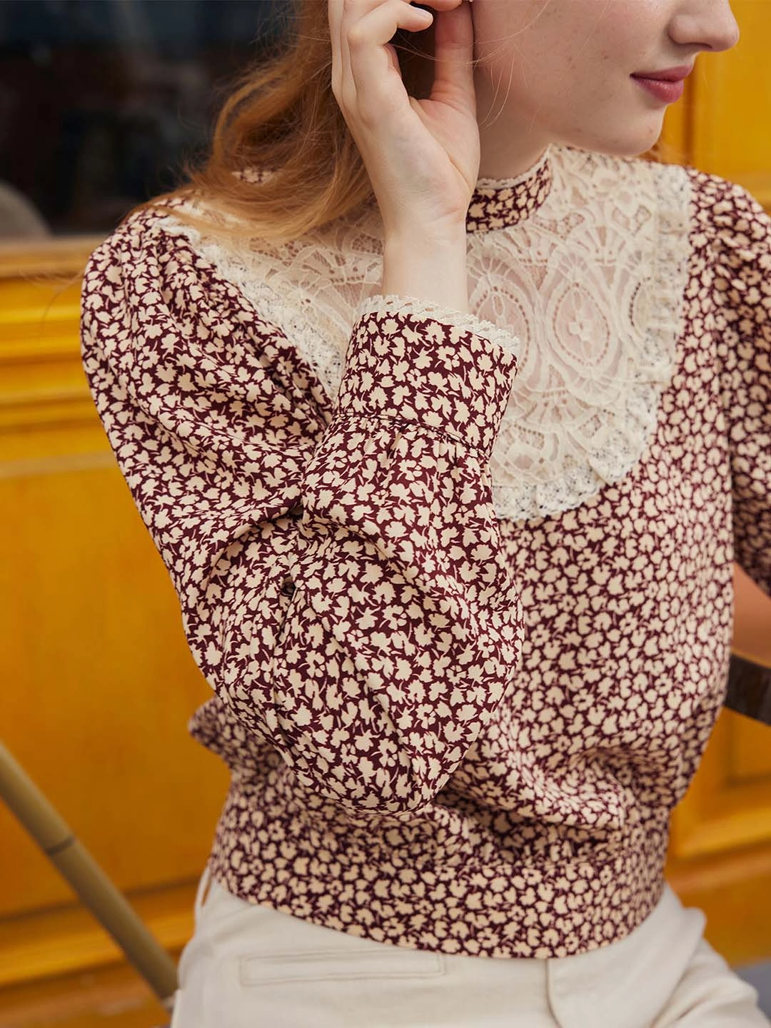 ??Final Sale??Sofia Maple Leaf Print Lantern Sleeve Lace Contrast Blouse Romance Fit Elegant Skirt