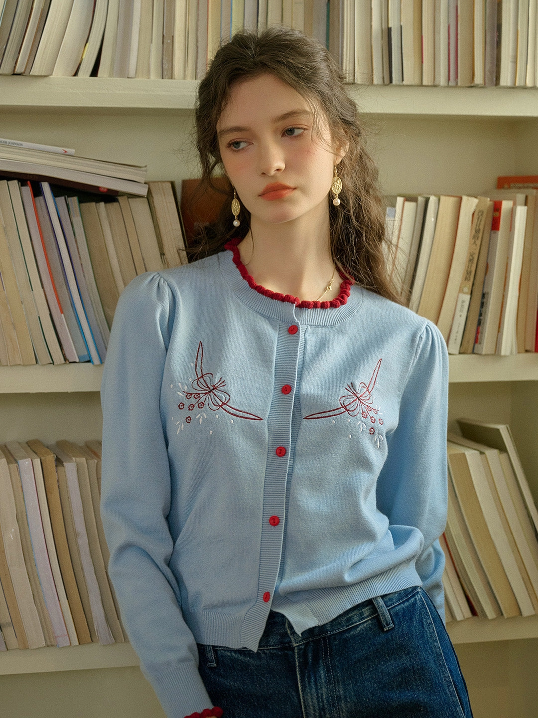 Youth Glow ??Final Sale??Soleil Standing Collar Embroidered Colour Clash Sweater Cardigan