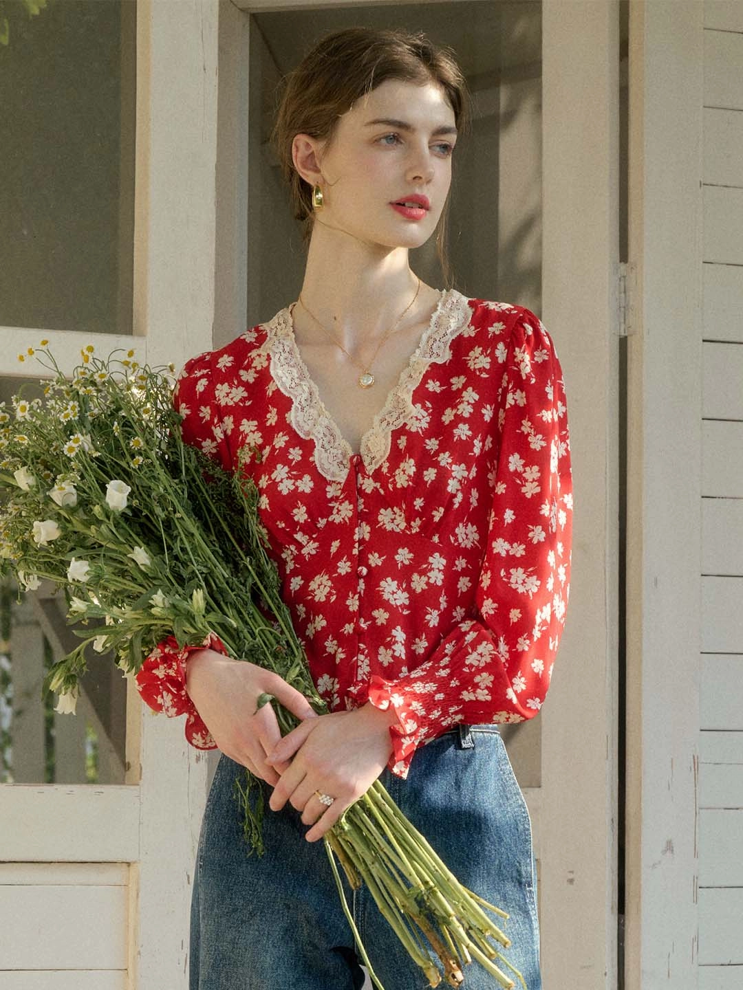 ??Final Sale??Stevie Vintage Lace Patchwork V-neck Blouse Rich Tone