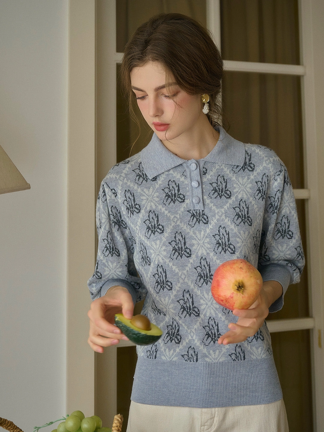 ??Final Sale??Tamsin Polo Collar Floral Knit Wool Top - Gray Fashion Forward MinimalistDesign