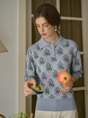 ??Final Sale??Tamsin Polo Collar Floral Knit Wool Top - Gray Heat Safe Seamless construction
