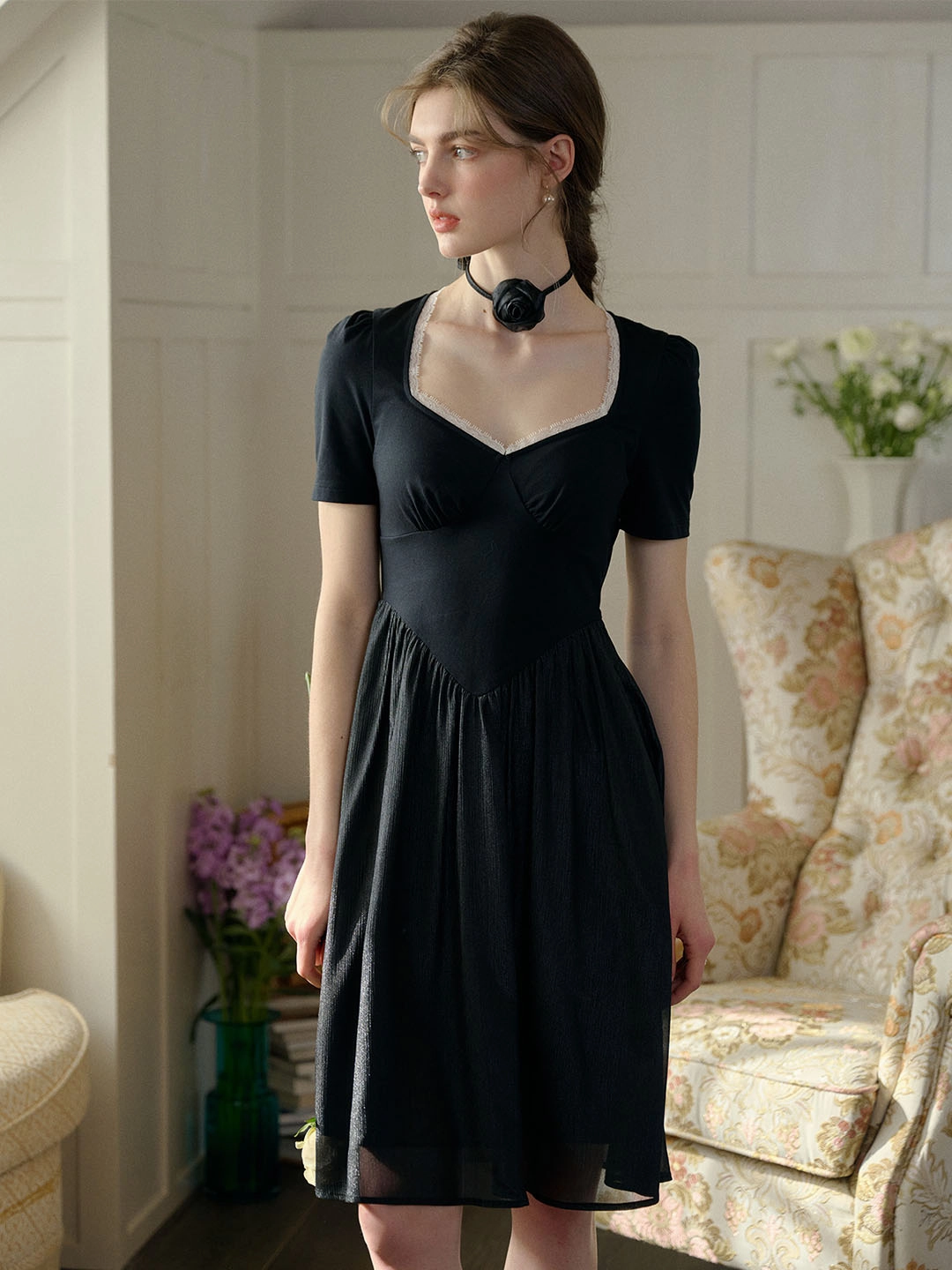 ??Final Sale??Viviana Color Block Lace & Rhinestone-Studded Collar Dress (No Rose Choker) Stylish Scarf