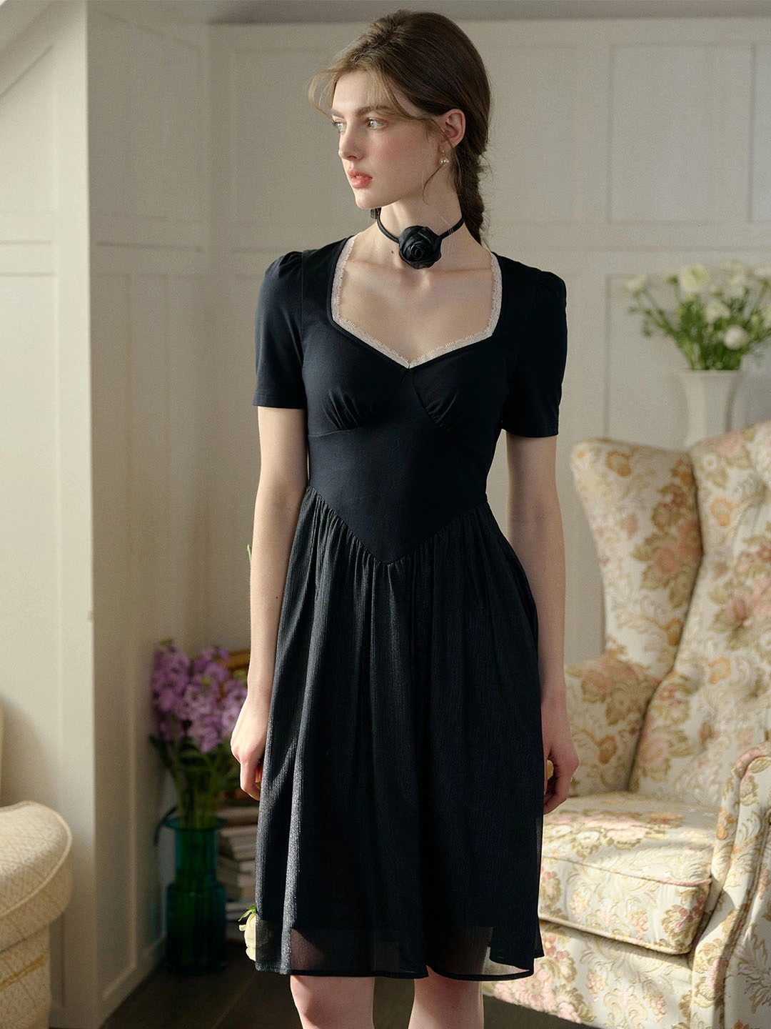 Trend Glow ??Final Sale??Viviana Color Block Lace & Rhinestone-Studded Collar Dress (No Rose Choker)