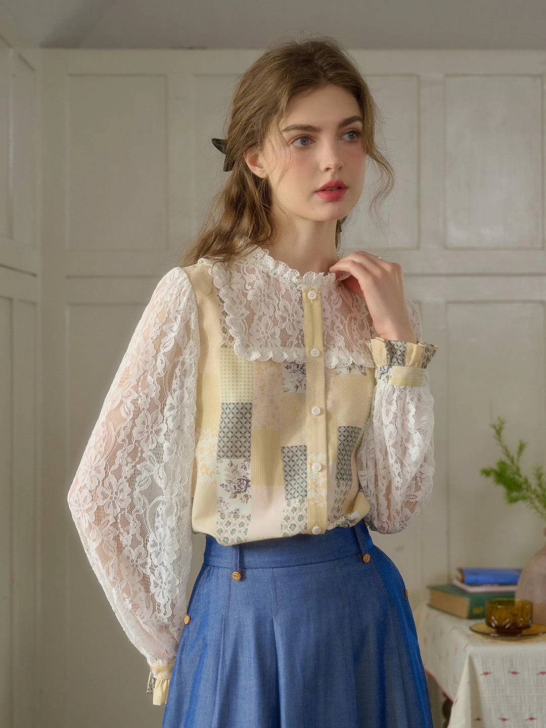 ??Final Sale??Vivienne Lace Collar Patchwork Blouse - Yellow HighElasticity Reinforced Stitching