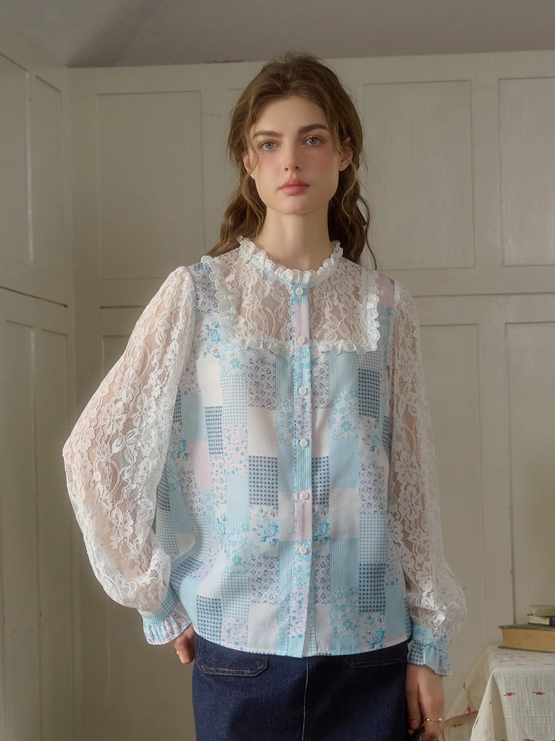 ??Final Sale??Vivienne Lace Collar Patchwork Blouse AdaptiveFit