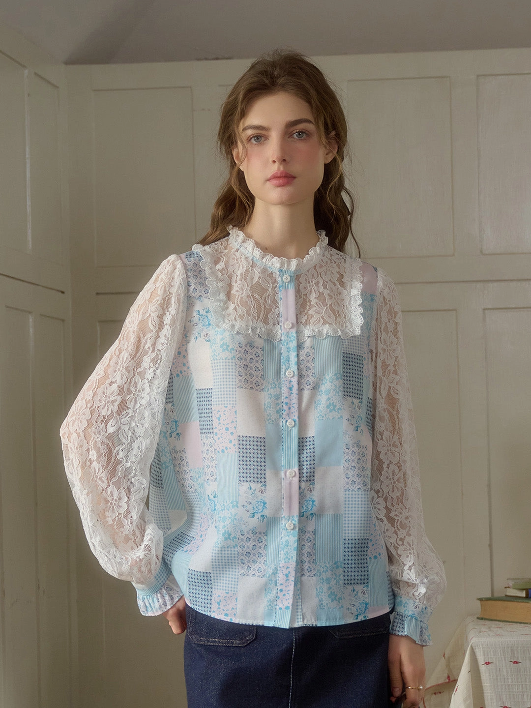 ??Final Sale??Vivienne Lace Collar Patchwork Blouse Transitional Fashion