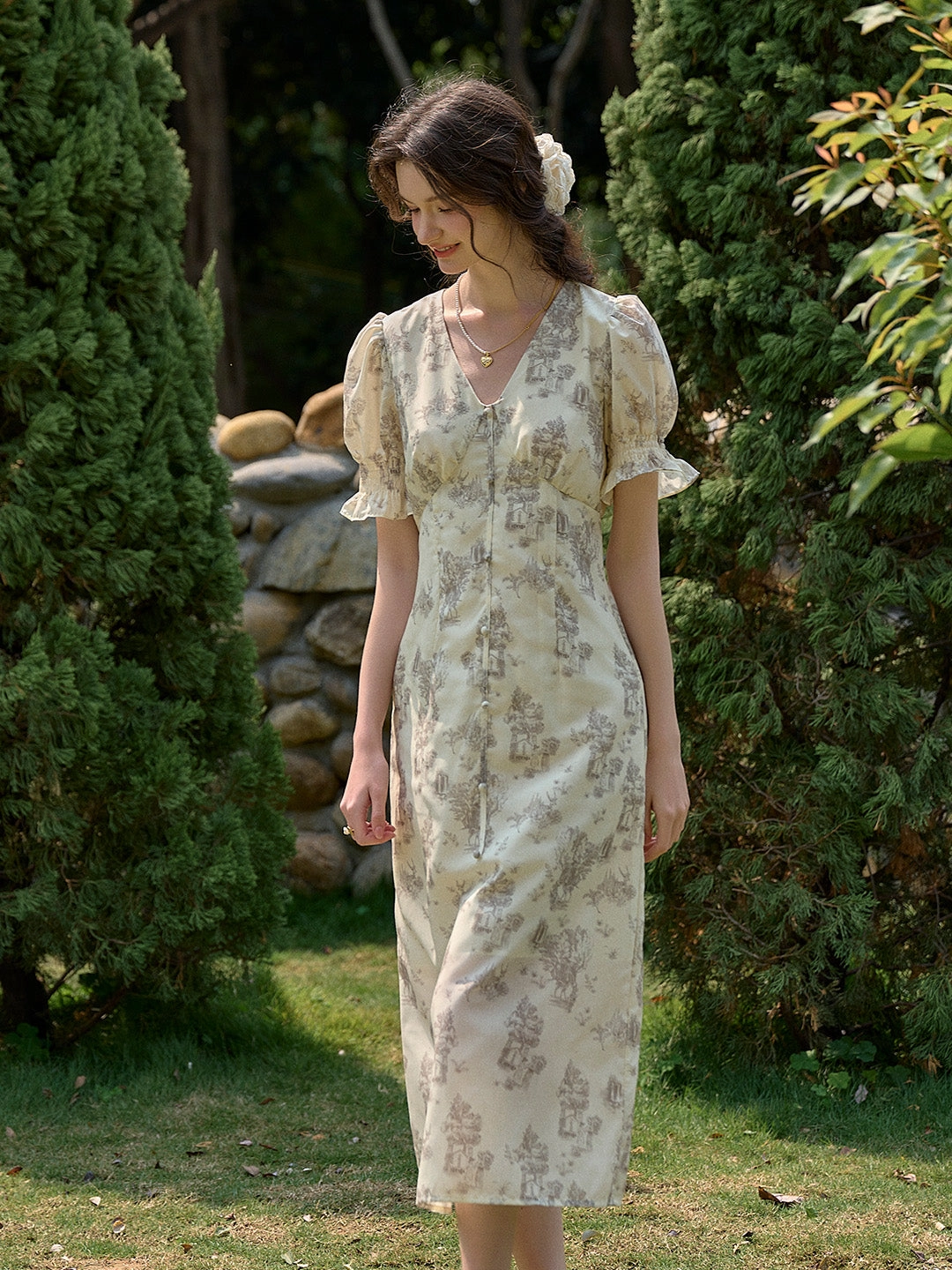 ??Final Sale??Xena V-Neck Floral Puff Sleeve Dress - Apricot Teacher Chic Summer Outfit