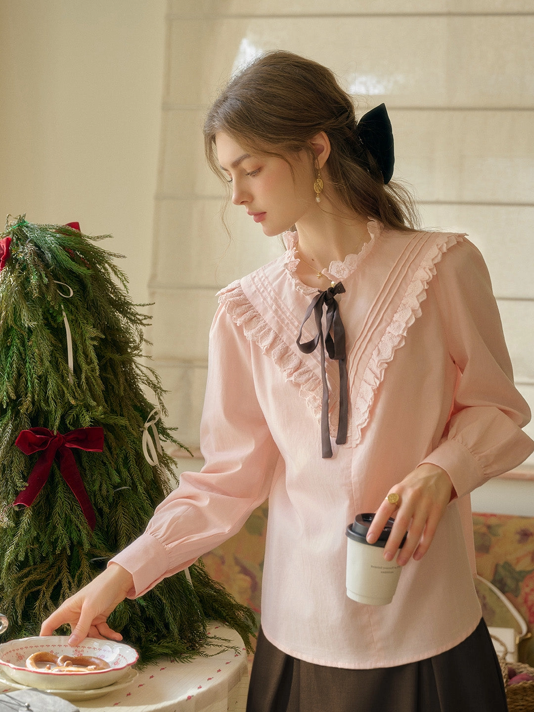 Design Edge ??Final Sale??Yareli Vintage Lace Panel Contrasting Lace-up Round Neck Blouse - Pink