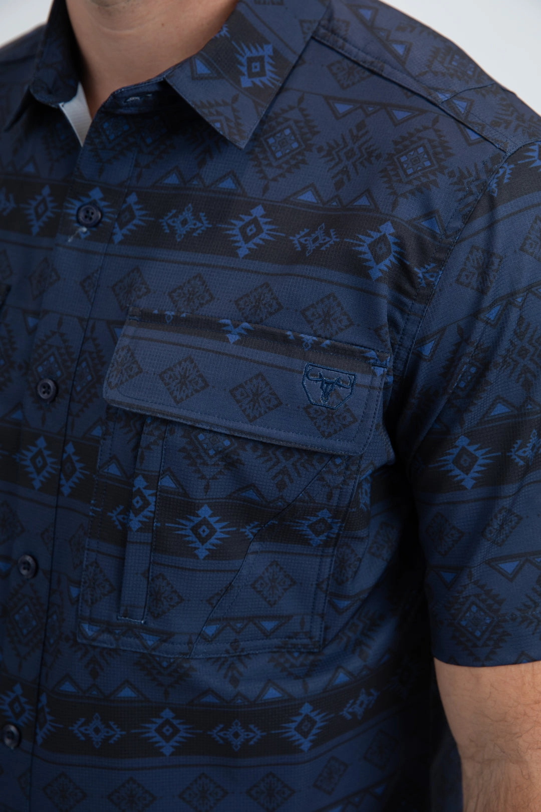 Mens Performance Classic Fit Short Sleeve Navy Shirt Subtle Print Simple Elegance