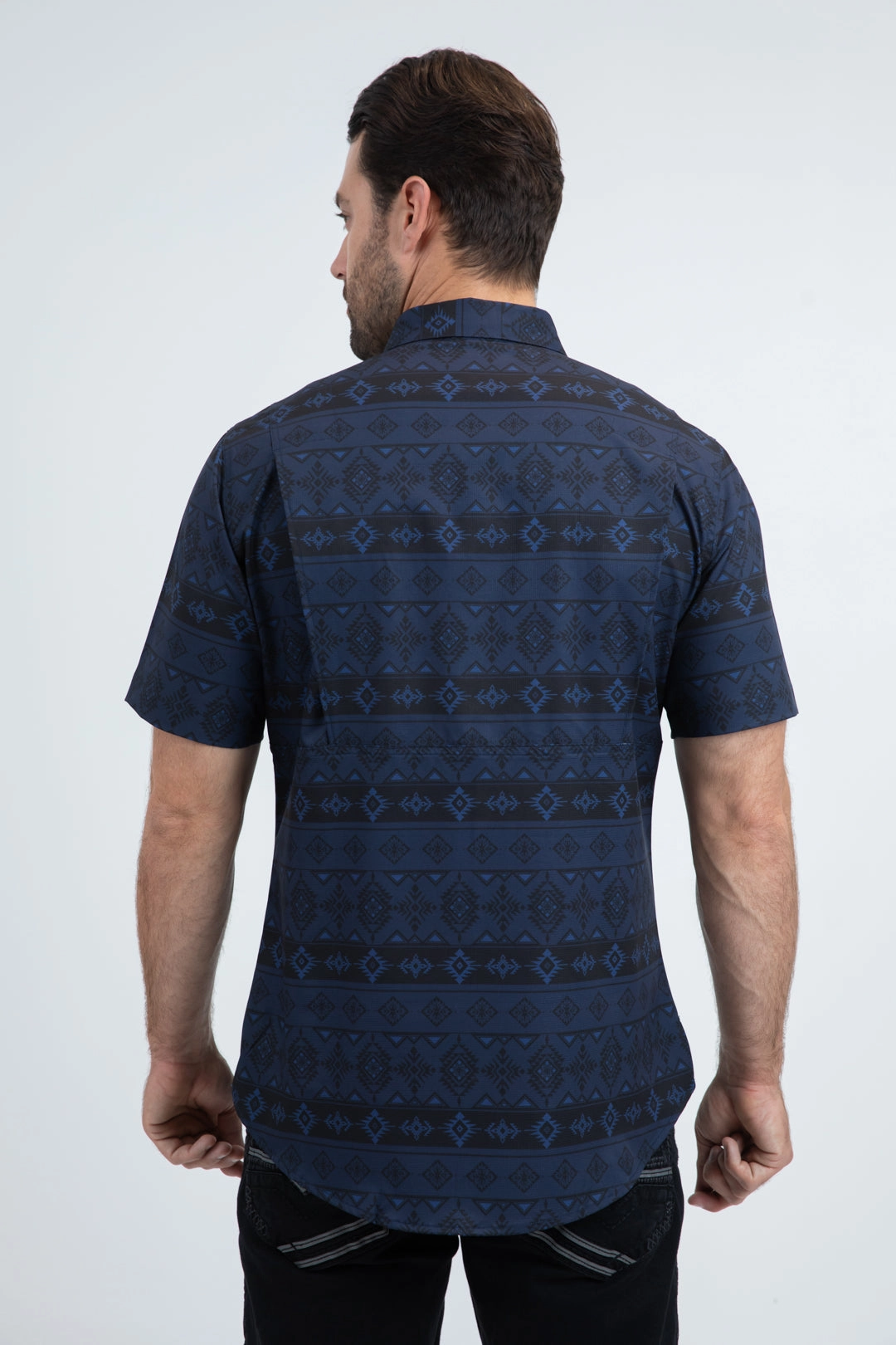 Mens Performance Classic Fit Short Sleeve Navy Shirt Stylish Detail Tailored Fit