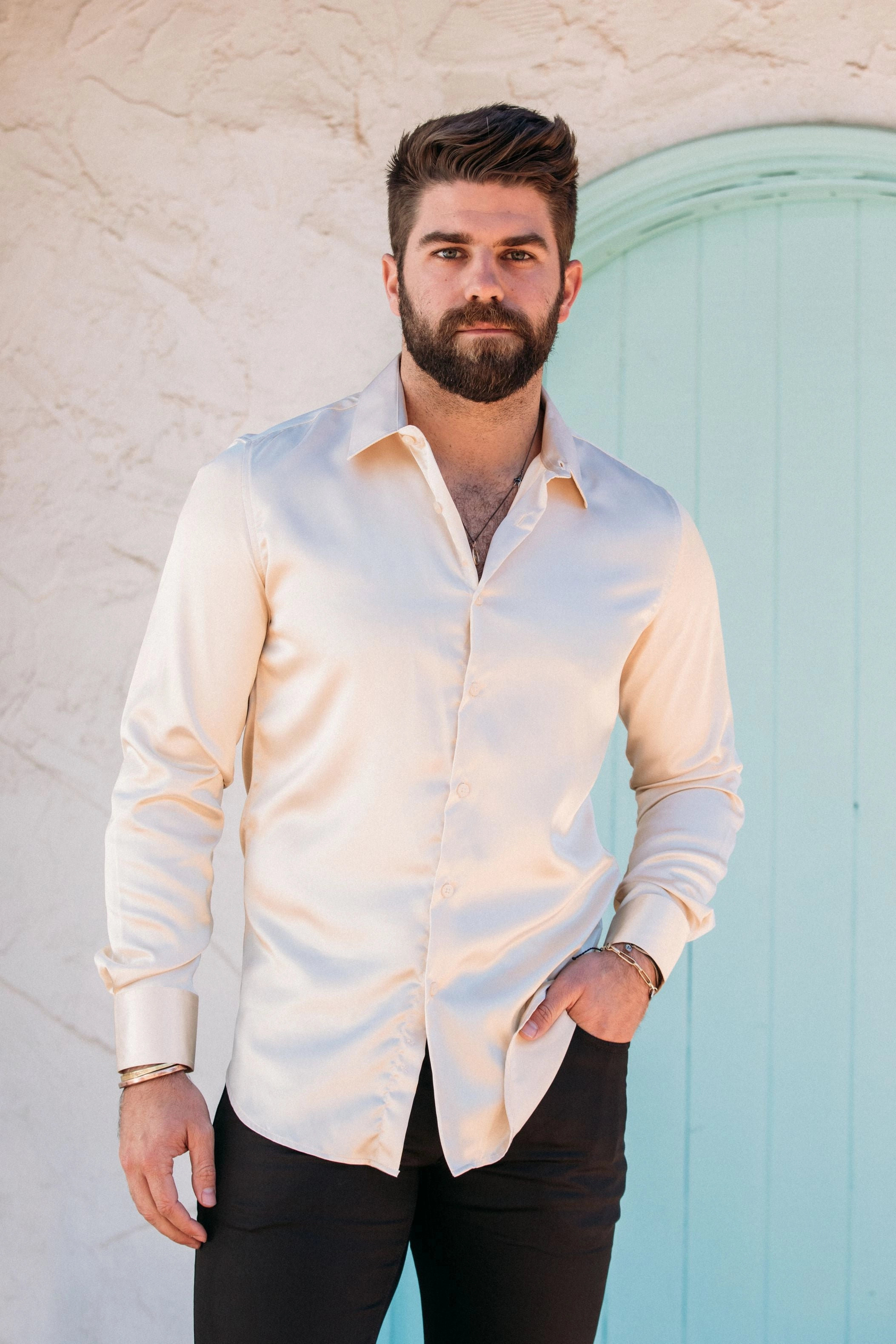 Men's Satin Cream Dress Shirt Comfortable Wear