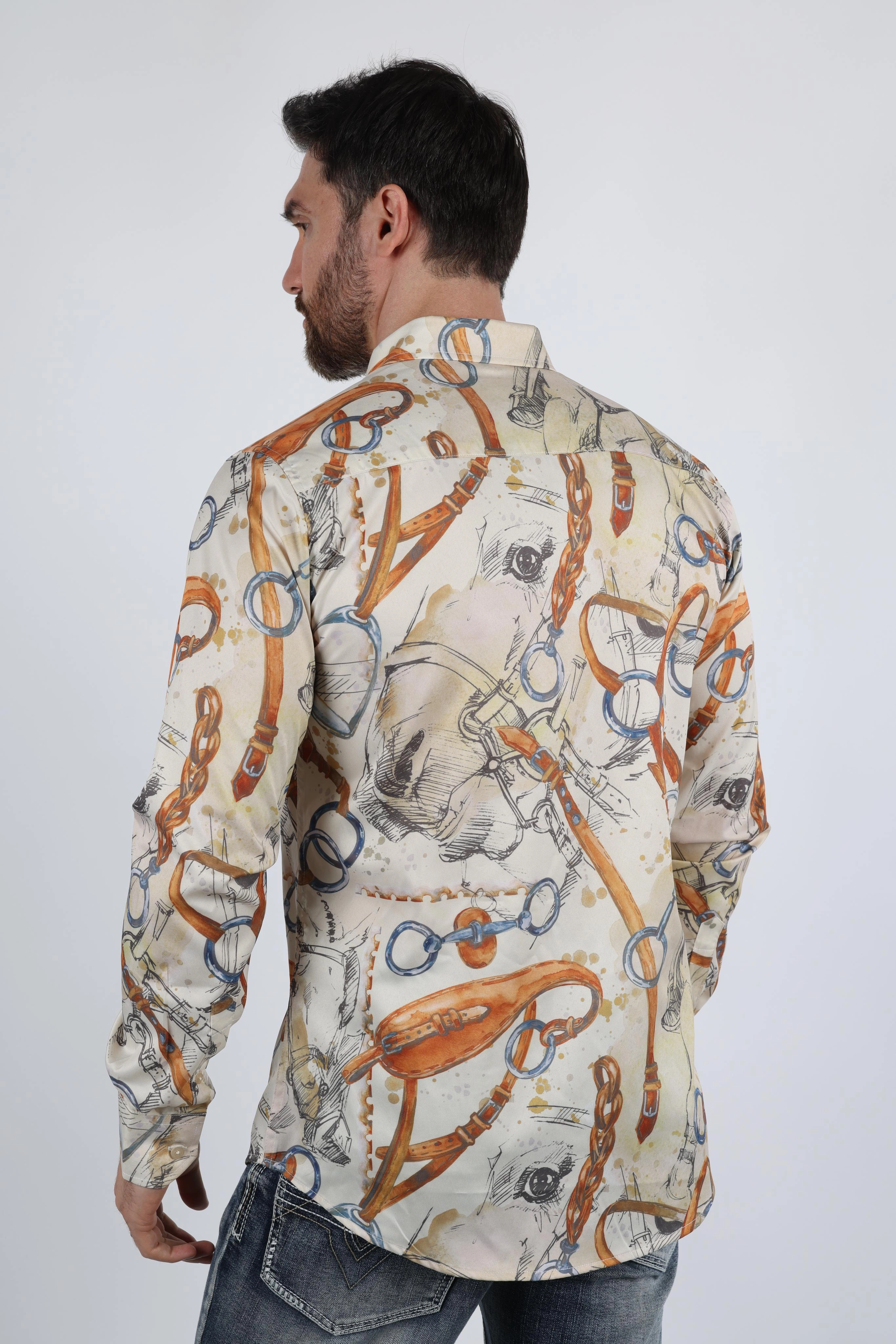 Mens Long Sleeve Modern Fit Stretch Wild Horses Print Shirt Durable Stitching