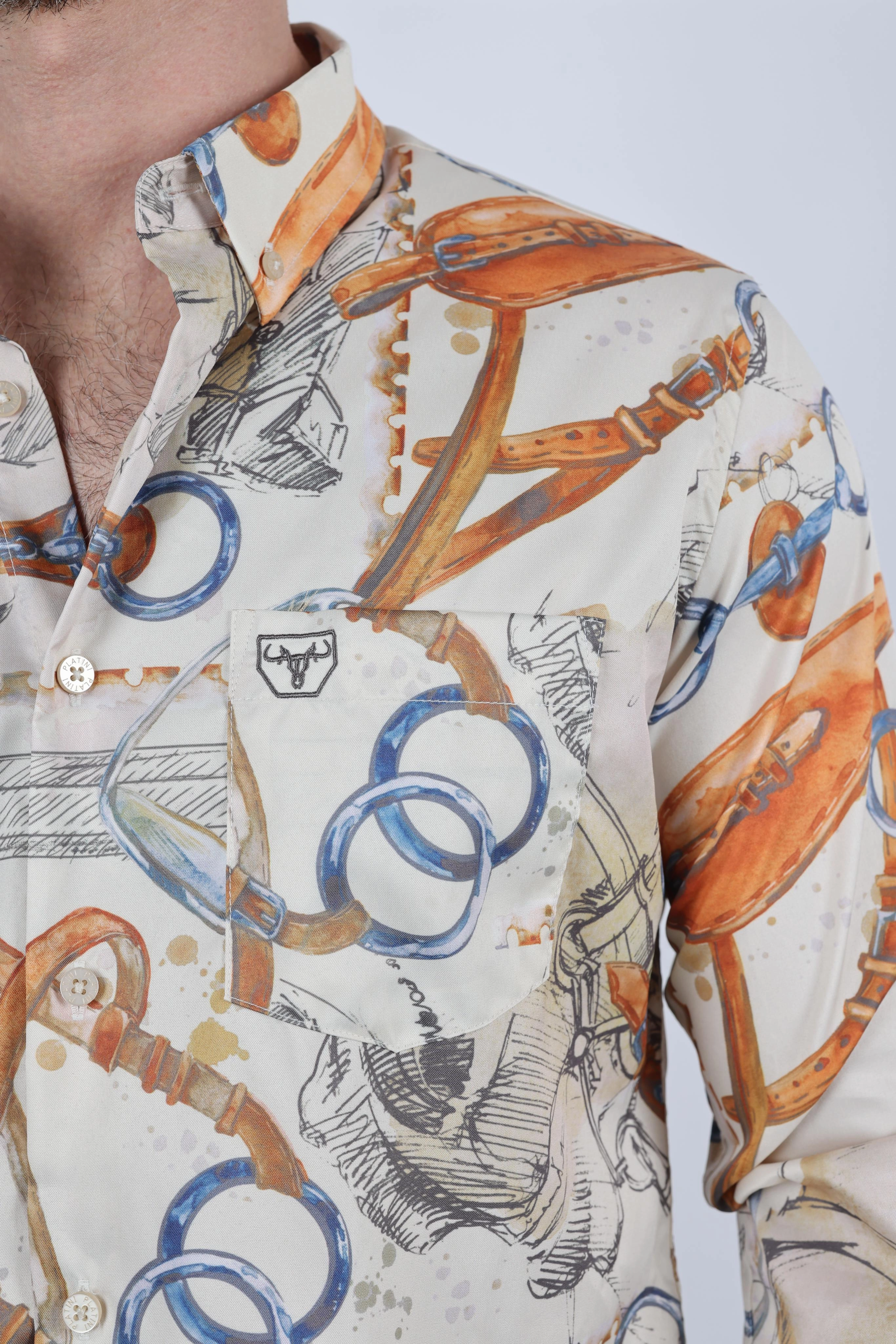 Unstructured Shoulder Anti Pilling Surface Mens Long Sleeve Modern Fit Stretch Wild Horses Print Shirt