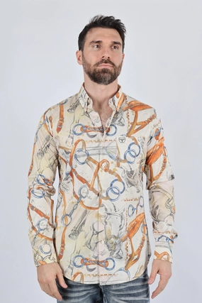 Artistic Design Hooded Neckline Mens Long Sleeve Modern Fit Stretch Wild Horses Print Shirt