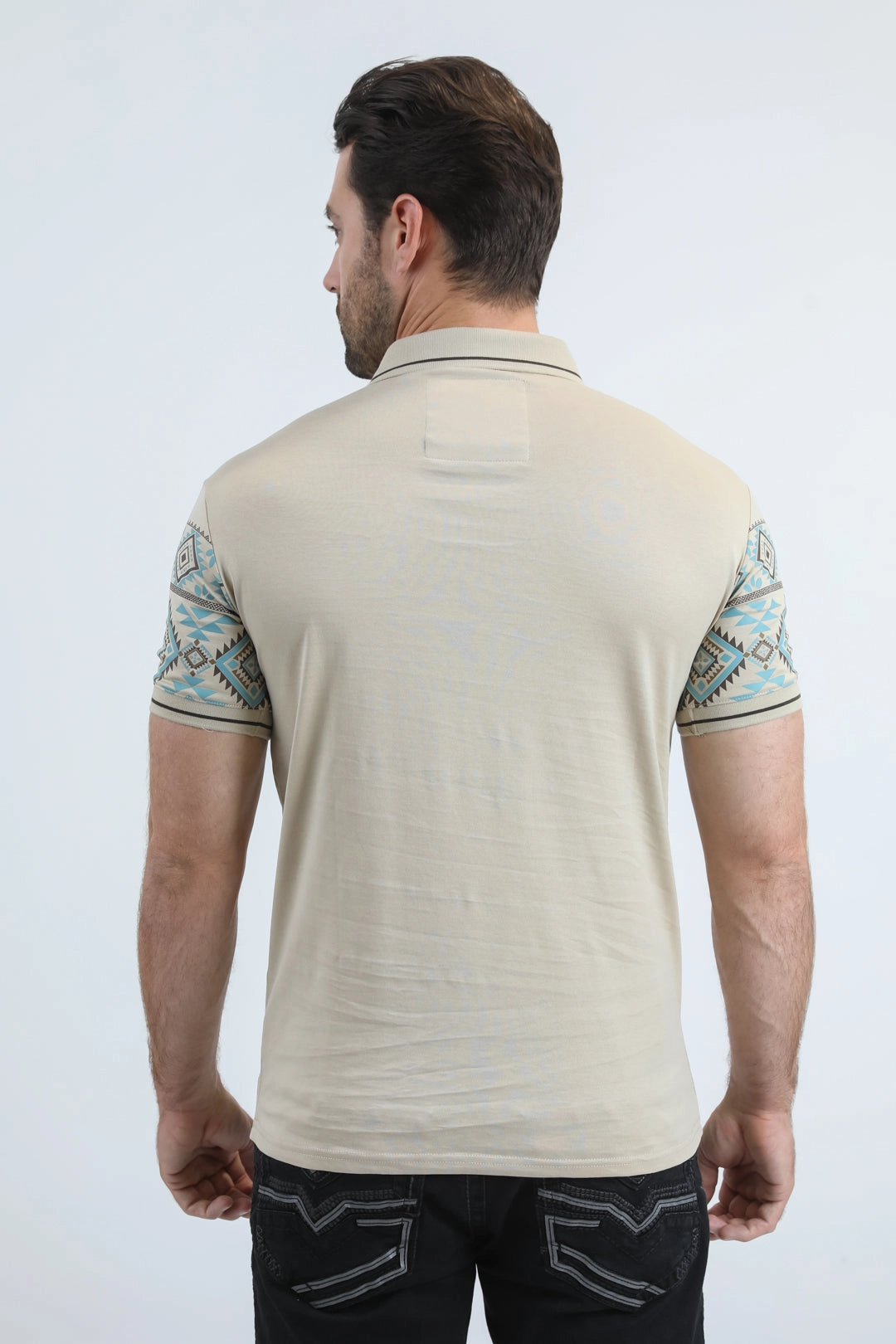 Mens Modern Fit Stretch Cotton Beige Polo with Aztec Print Sleek Design