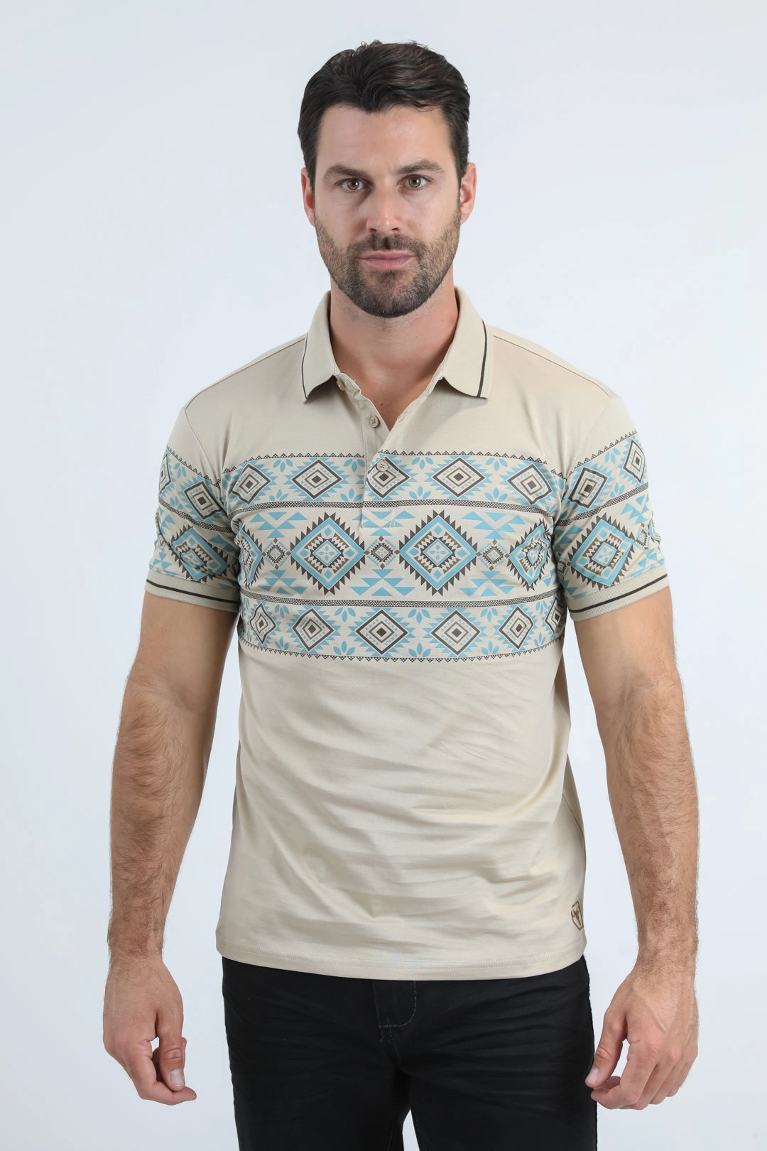 Sporty Fit Mens Modern Fit Stretch Cotton Beige Polo with Aztec Print