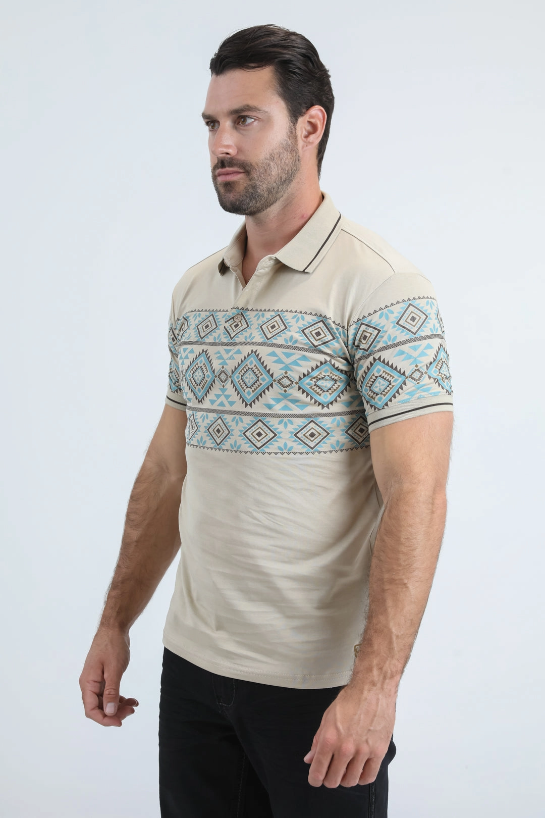 Casual Ease Short Sleeve Mens Modern Fit Stretch Cotton Beige Polo with Aztec Print