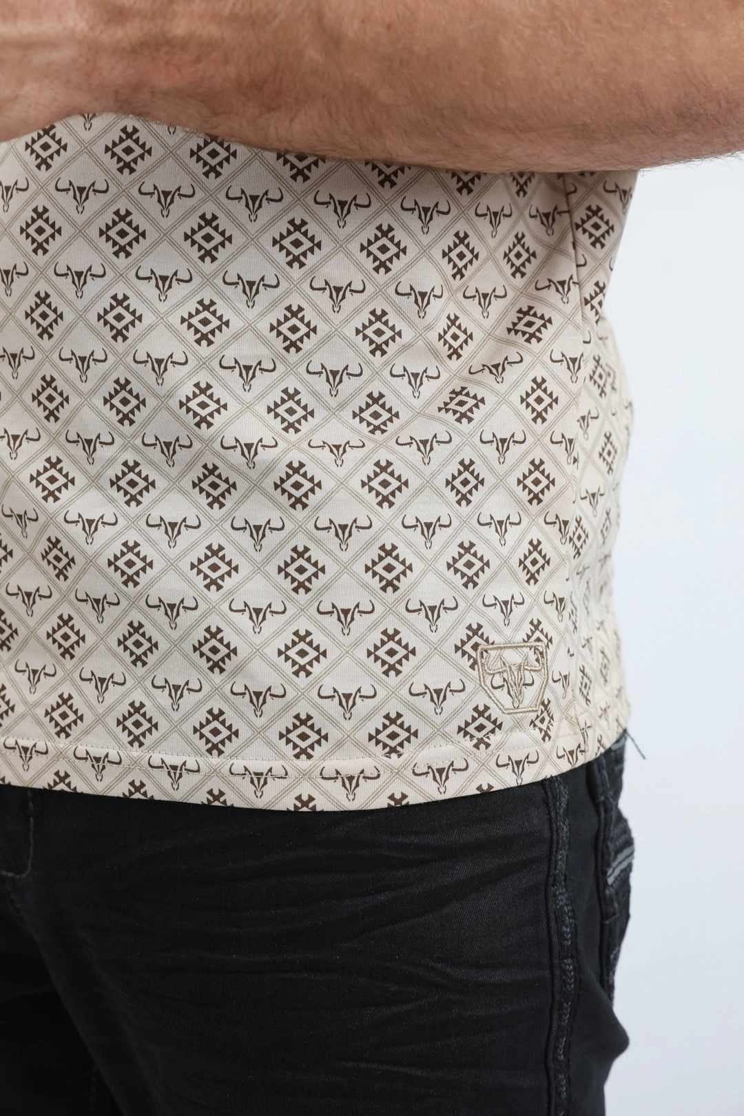 Mens Modern Fit Stretch Cotton Beige Polo with Aztec Print Durable Cotton Beach Ready