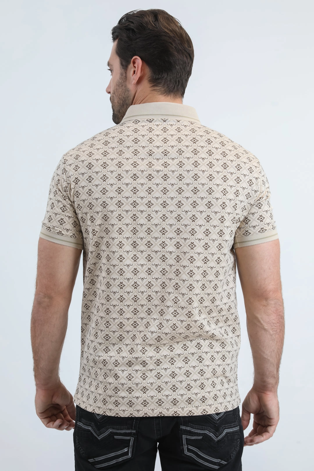 Non Iron Finish Trendy Look Mens Modern Fit Stretch Cotton Beige Polo with Aztec Print