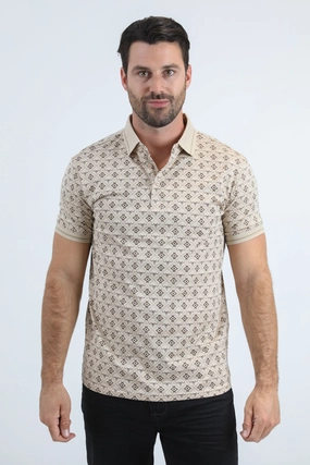 Mens Modern Fit Stretch Cotton Beige Polo with Aztec Print Refined Layer