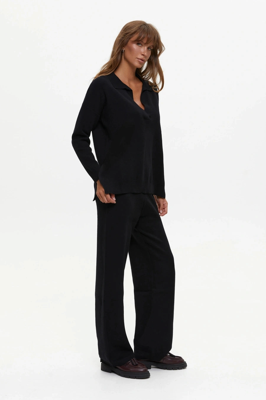 SeamlessTransition EcoFriendly Dye Two piece black suit with Relaxed Fit Polo Sweater and Palazzo Pants