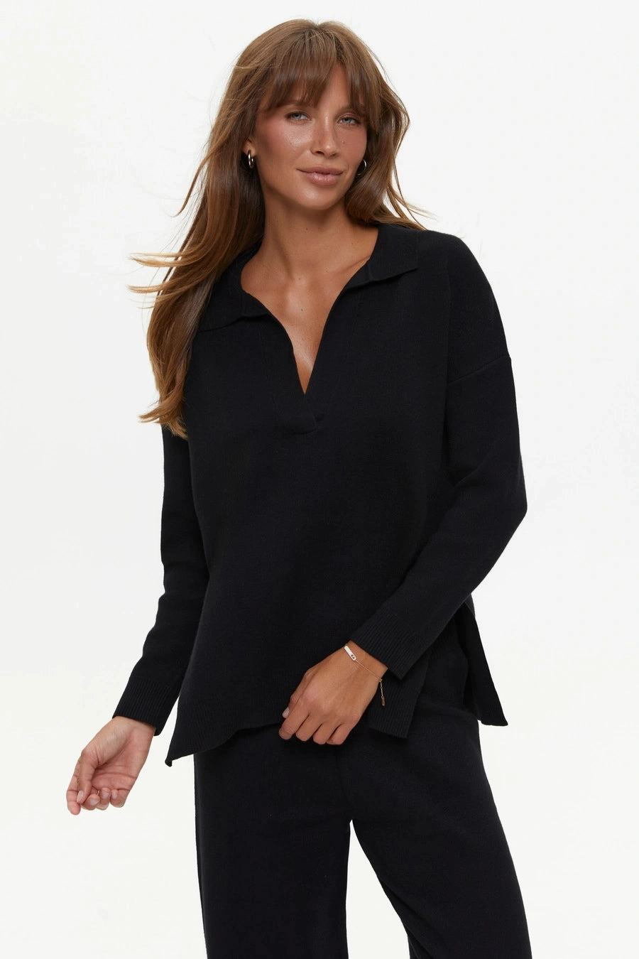 Clean Fit Two piece black suit with Relaxed Fit Polo Sweater and Palazzo Pants