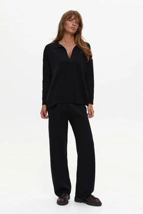 Two piece black suit with Relaxed Fit Polo Sweater and Palazzo Pants fashionable blazer