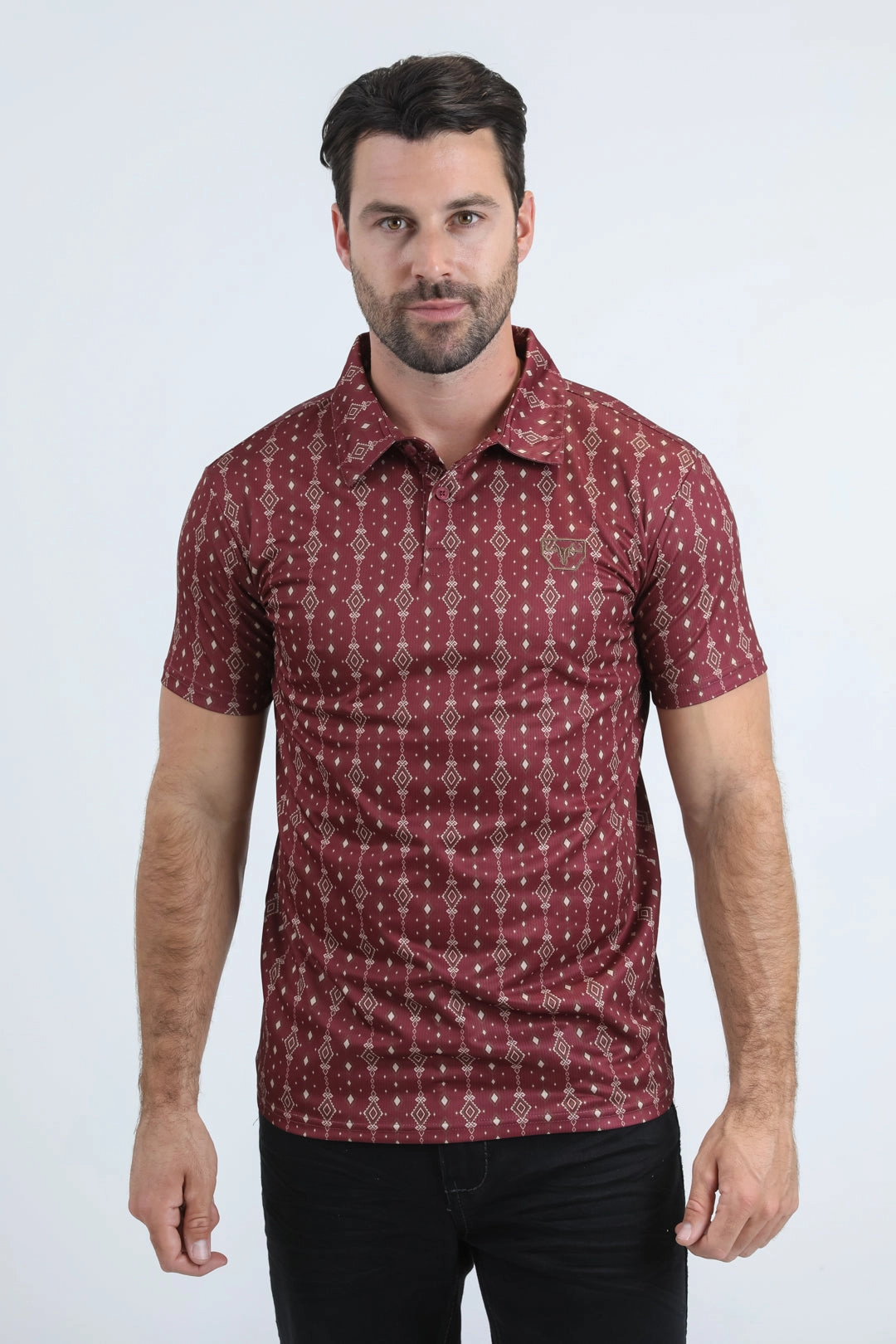 cotton shirt Mens Performance Fabric Modern Fit Stretch Aztec Print Red Polo