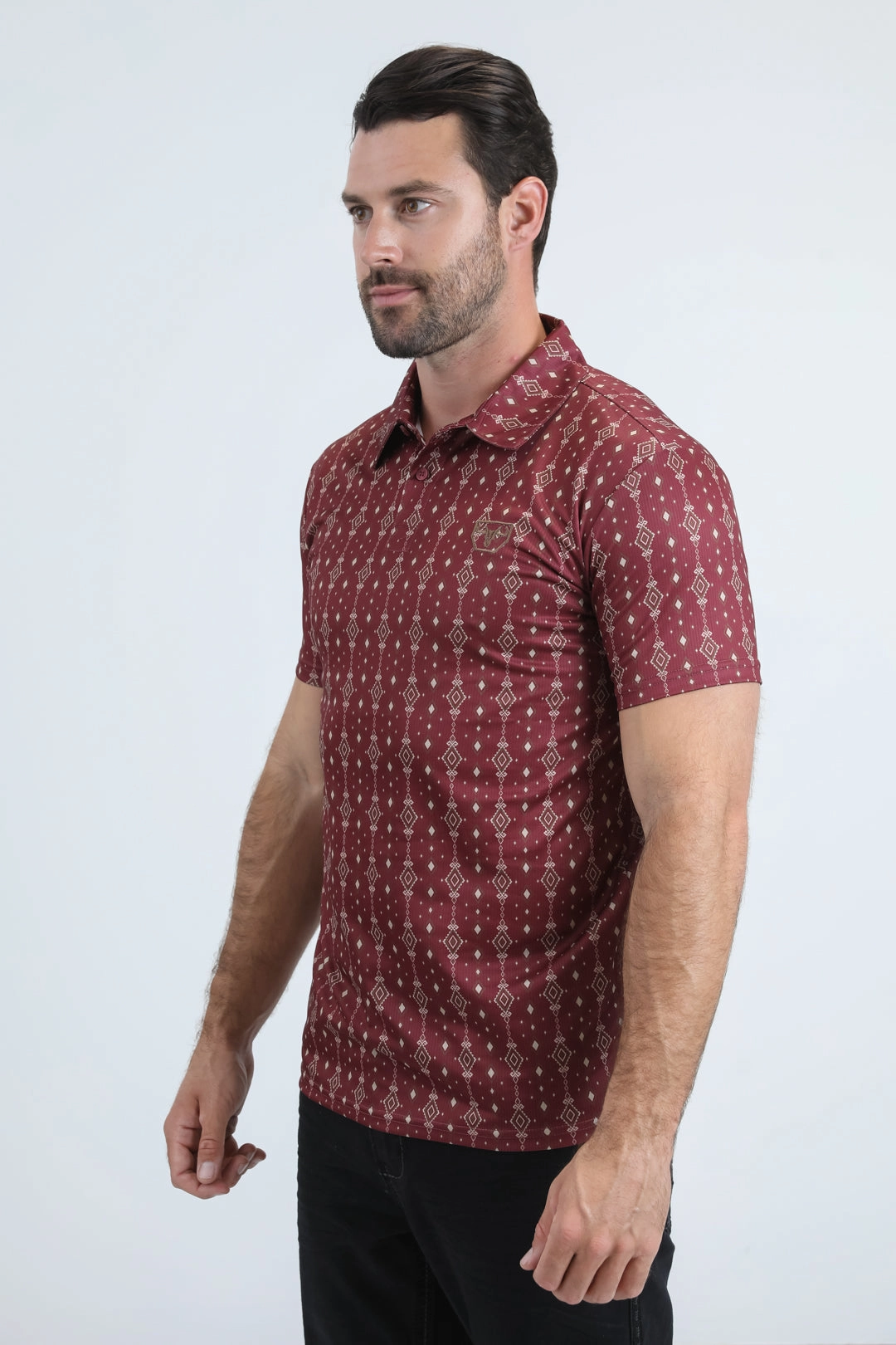 Travel Friendly Classic Neckline Mens Performance Fabric Modern Fit Stretch Aztec Print Red Polo