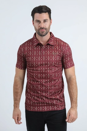 cotton shirt Mens Performance Fabric Modern Fit Stretch Aztec Print Red Polo