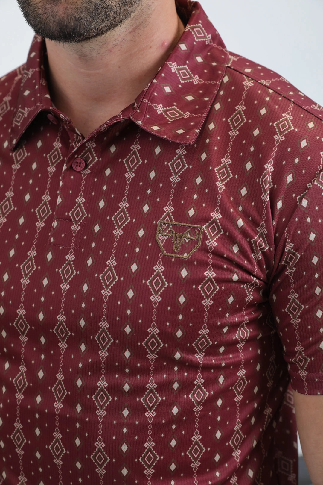 Stretchable Fit Team Uniform Mens Performance Fabric Modern Fit Stretch Aztec Print Red Polo