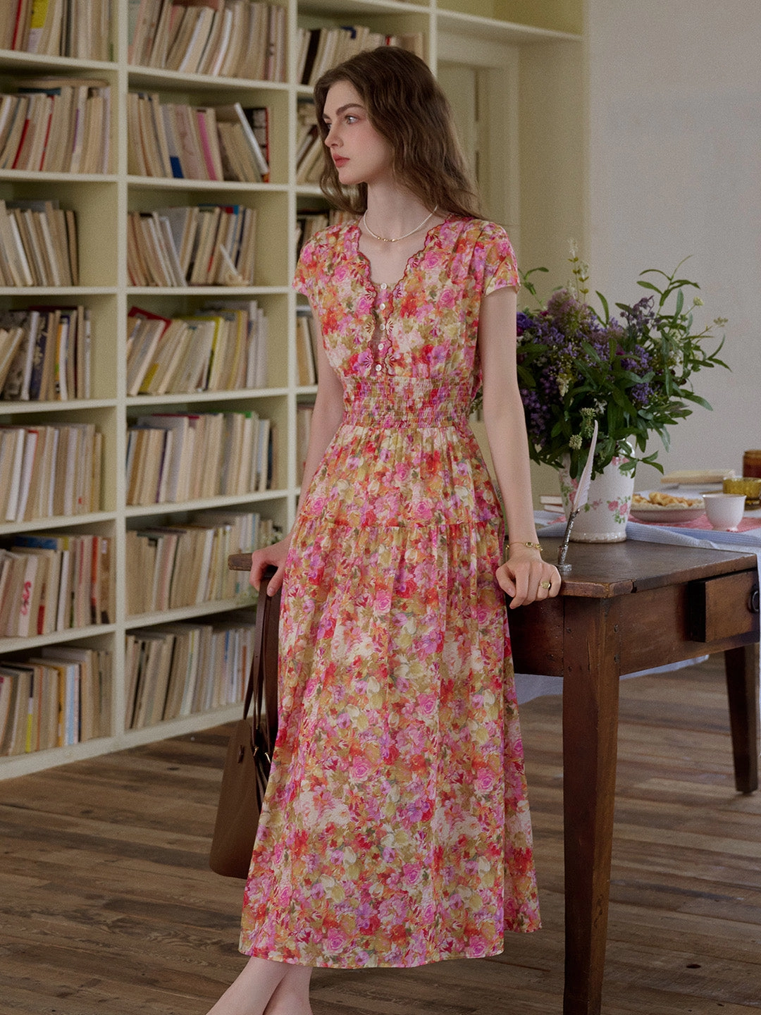 slim fit Adalyn Wavy Neck Floral 100% Cotton Dress