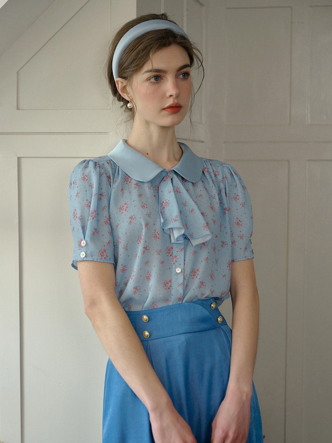 Marina Vintage Lapel Floral Print Blouse MoistureControl Fabric