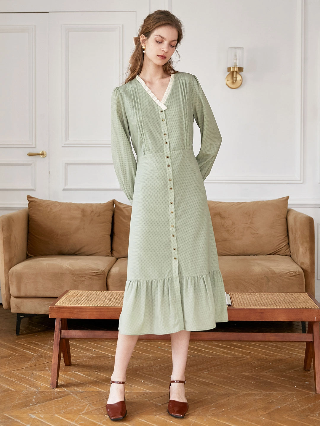 Adelyn V-Neck Polka Dot Midi Dress Date Vibe