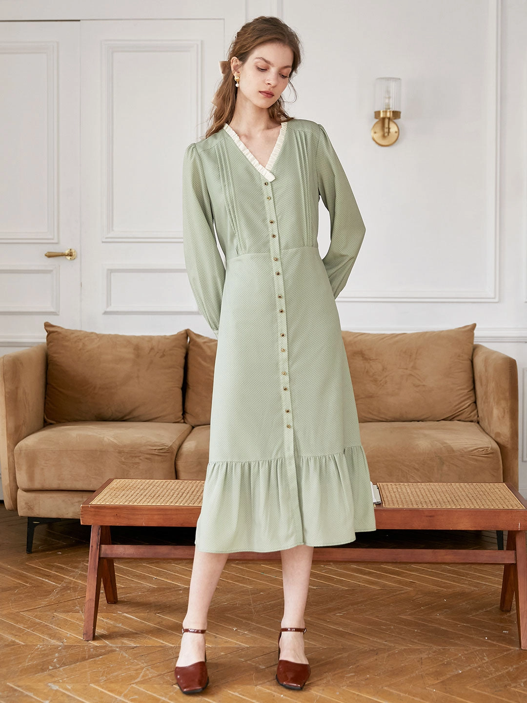 Adelyn V-Neck Polka Dot Midi Dress Quick Wear HighElasticity