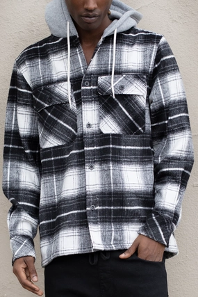 Hooded Flannel Overshirt Embellished Neckline Compact Fold Design