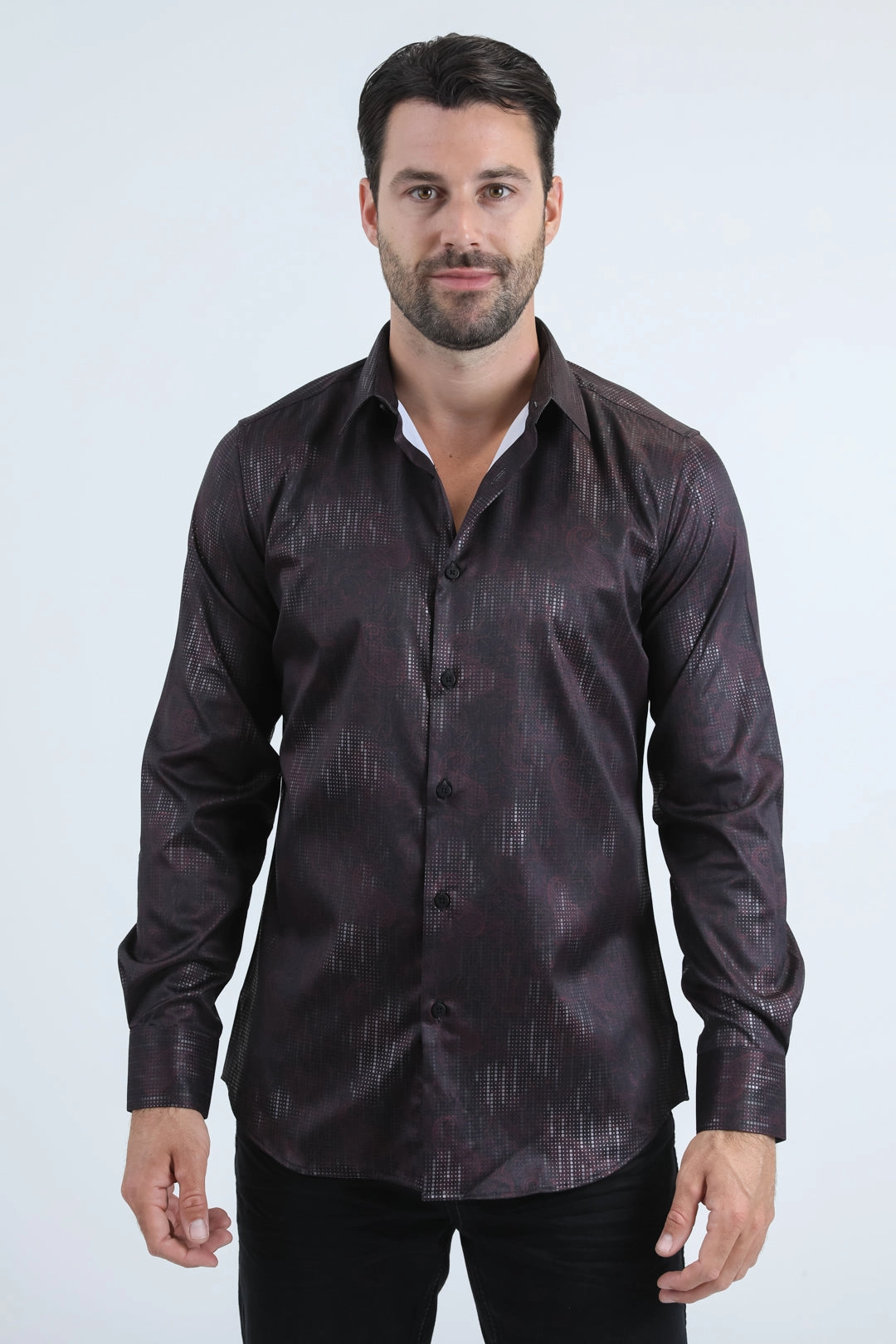 Mens Modern Fit Stretch Foil Fashion Black Shirt Fall Fashion Checkered Print