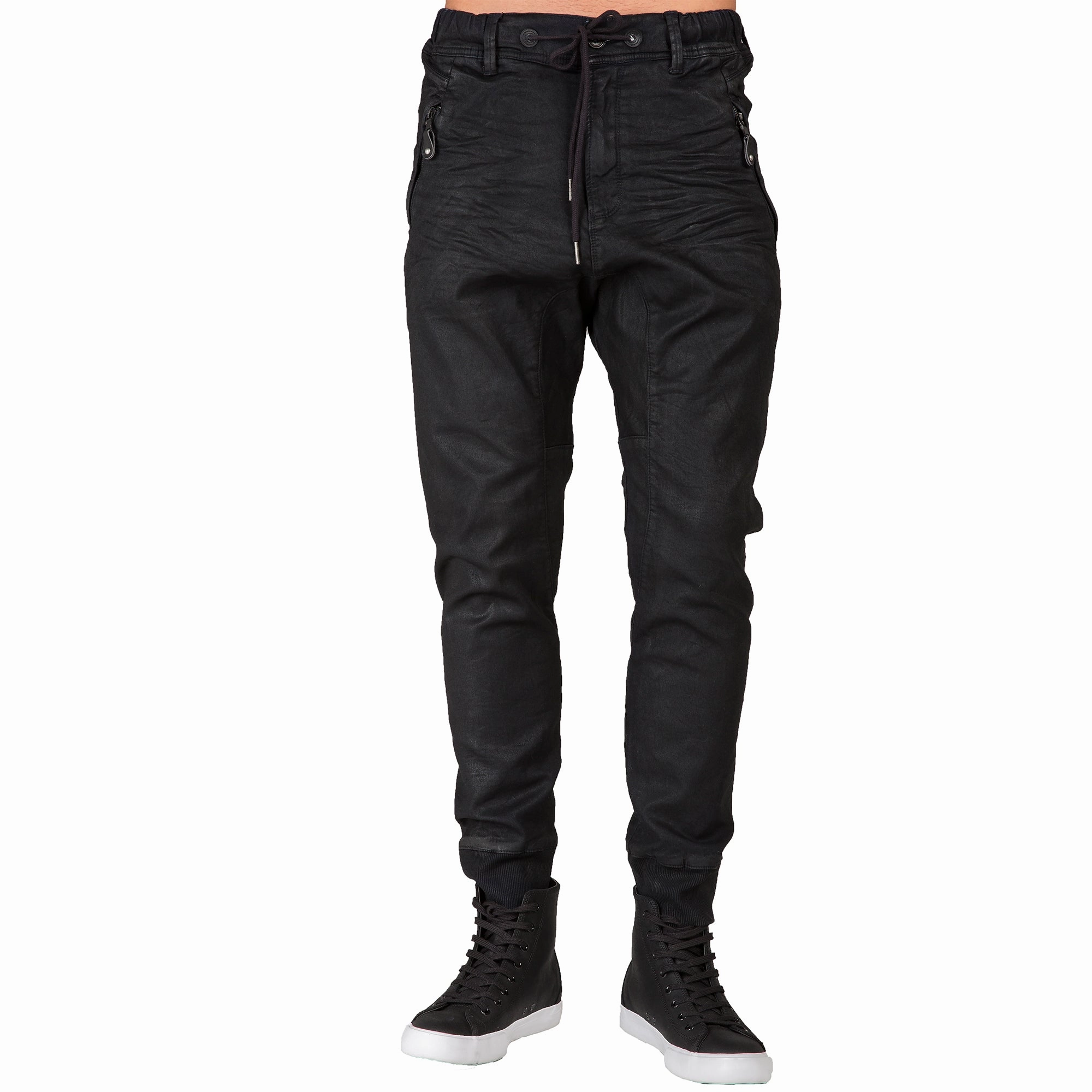 Dark Indigo Premium coated Knit Denim Jogger Jeans, Drop Crotch, Whiskering Wash TaglessDesign WrinkleFreeFabric