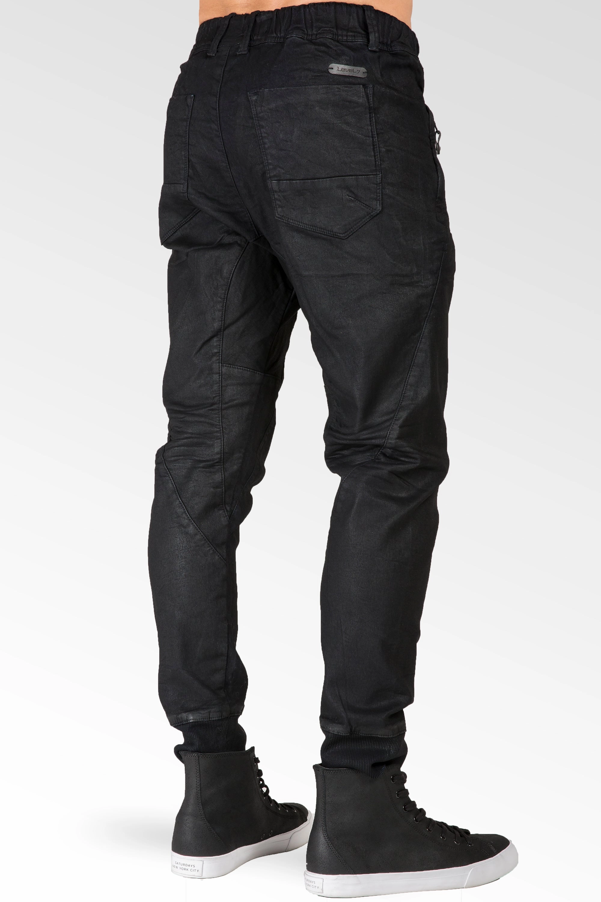 Dark Indigo Premium coated Knit Denim Jogger Jeans, Drop Crotch, Whiskering Wash Warm Knit