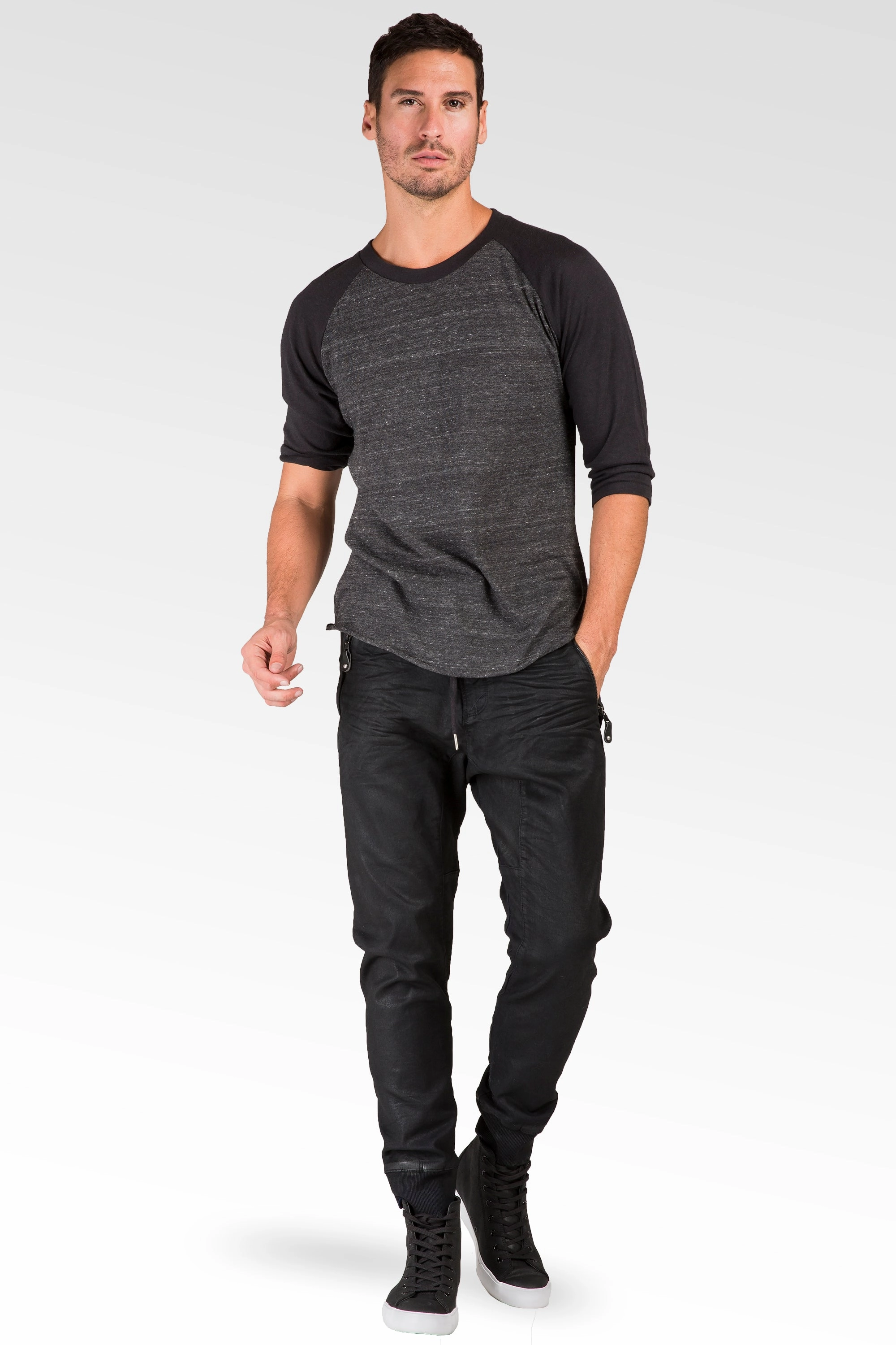 Dark Indigo Premium coated Knit Denim Jogger Jeans, Drop Crotch, Whiskering Wash Sustainable Base Planet Care