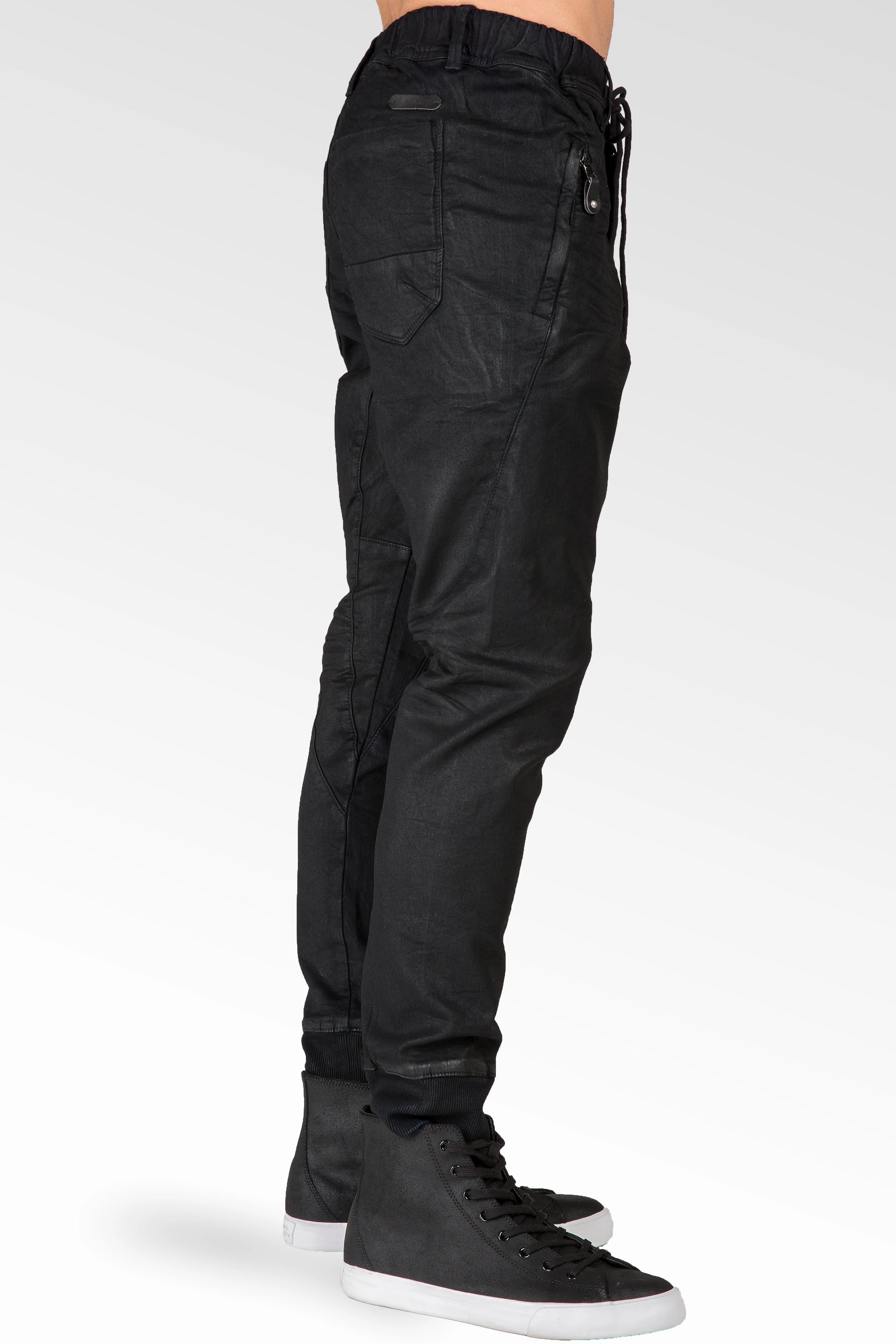 Outdoor Apparel Dark Indigo Premium coated Knit Denim Jogger Jeans, Drop Crotch, Whiskering Wash