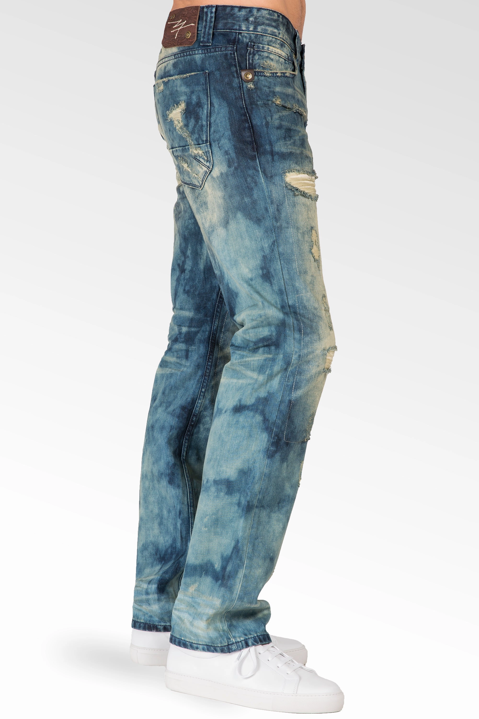 Slim Straight Khaki Tint Destroyed & Mended Premium Denim Signature 5 Pocket Jeans MultiPanelDesign