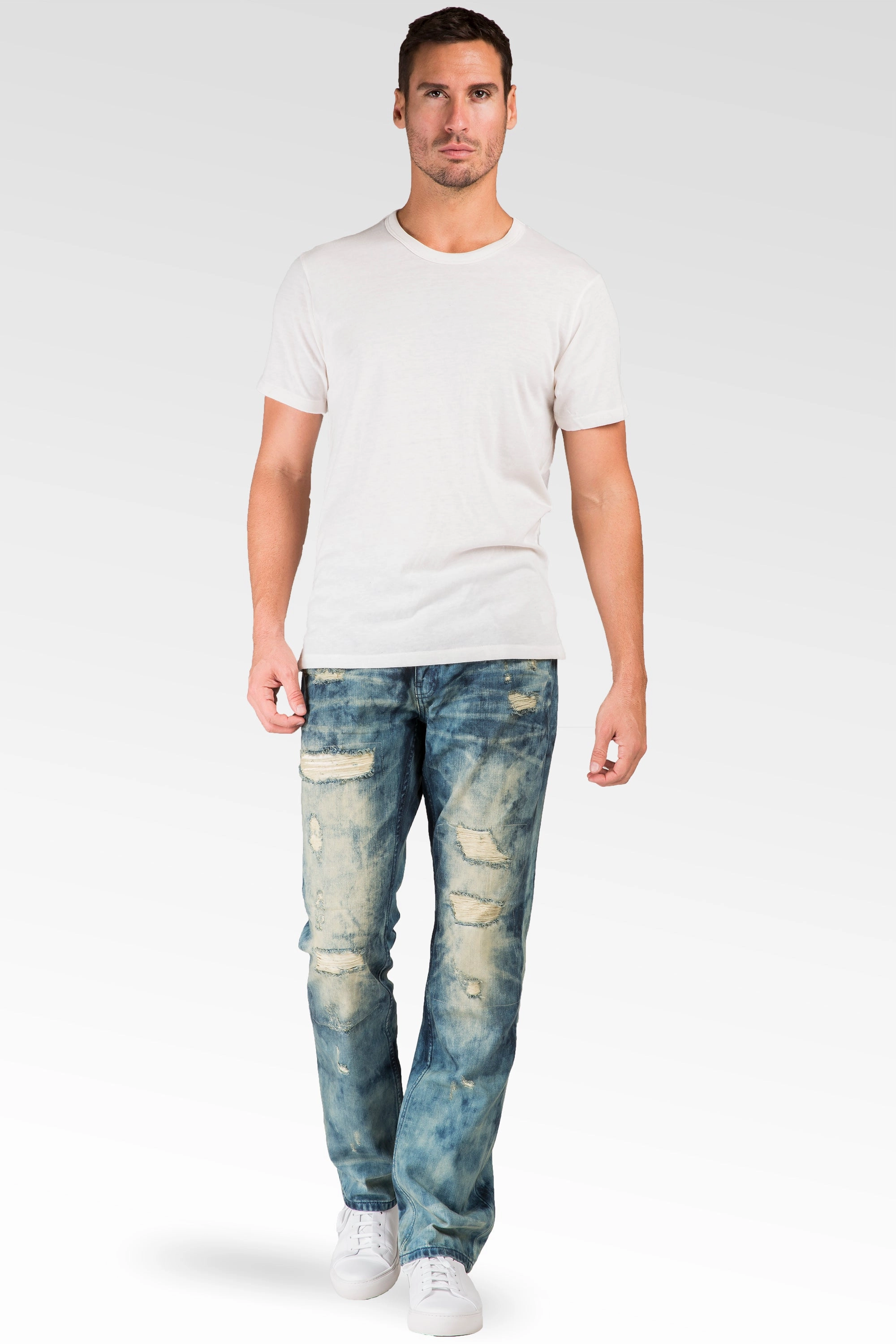LayeredConstruction QuickDry Technology Slim Straight Khaki Tint Destroyed & Mended Premium Denim Signature 5 Pocket Jeans