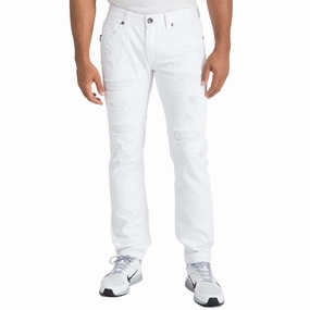 Club Mode Slim Straight Distressed & Mended White Premium Denim 5 Pocket Jeans
