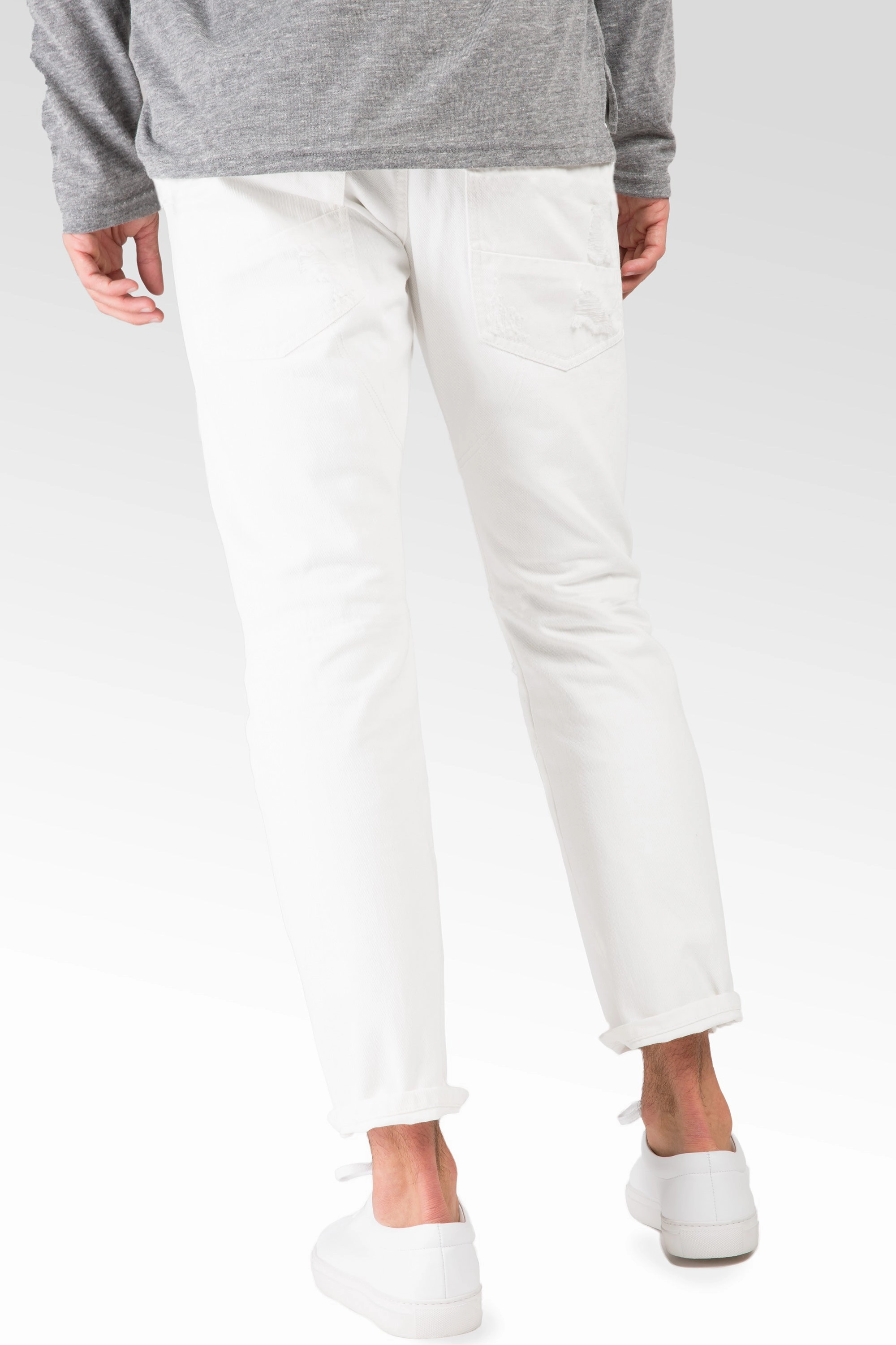 MultiDirectionalFlex Low Care Slim Straight Distressed & Mended White Premium Denim 5 Pocket Jeans